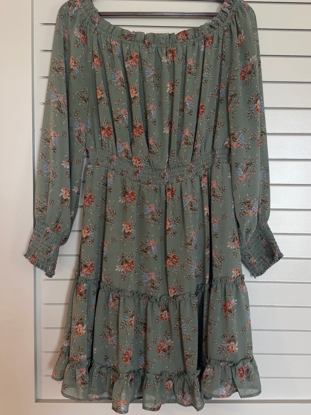 Sage Green Floral Long-Sleeve Tiered Dress